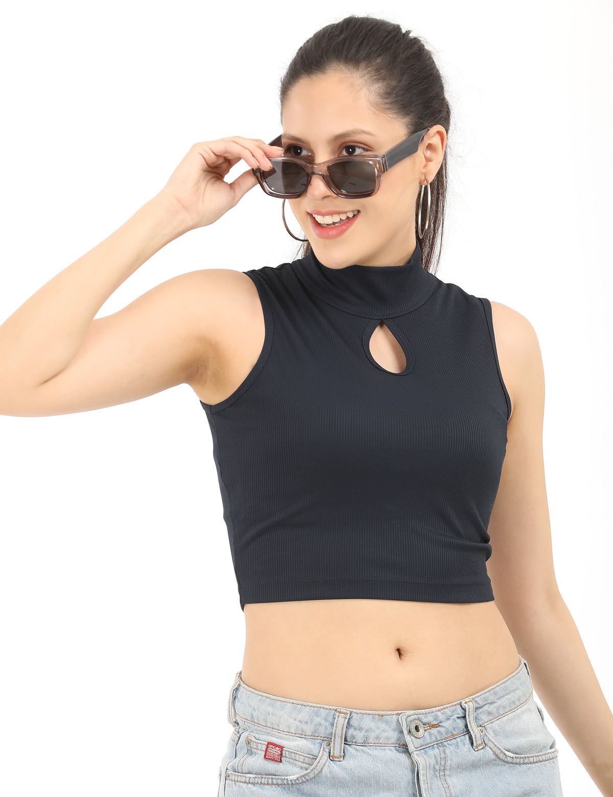 Women's Keyhole High-Neck Ribbed Crop Top