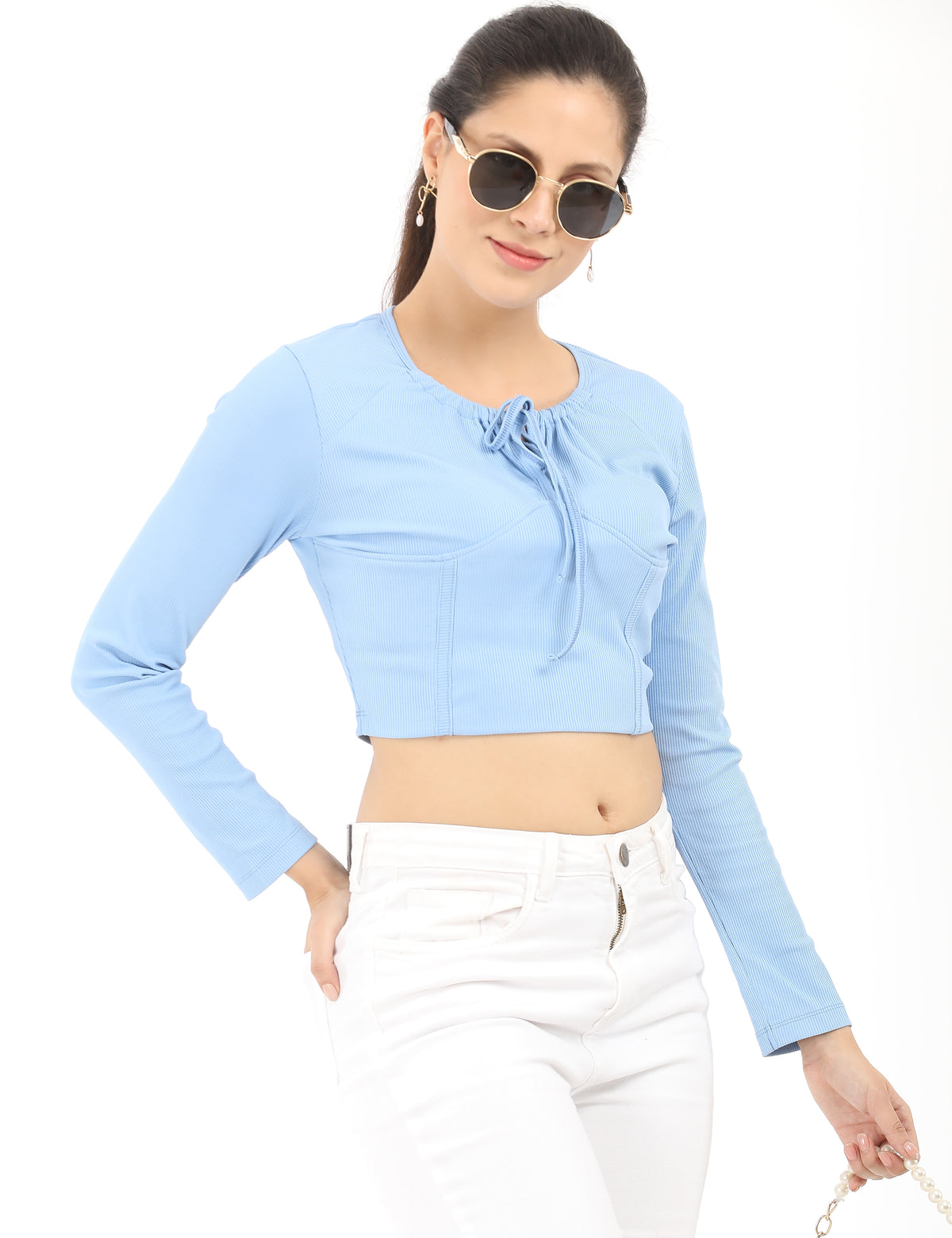 Women’s Casual Long Sleeve Tie-Front Crop Top