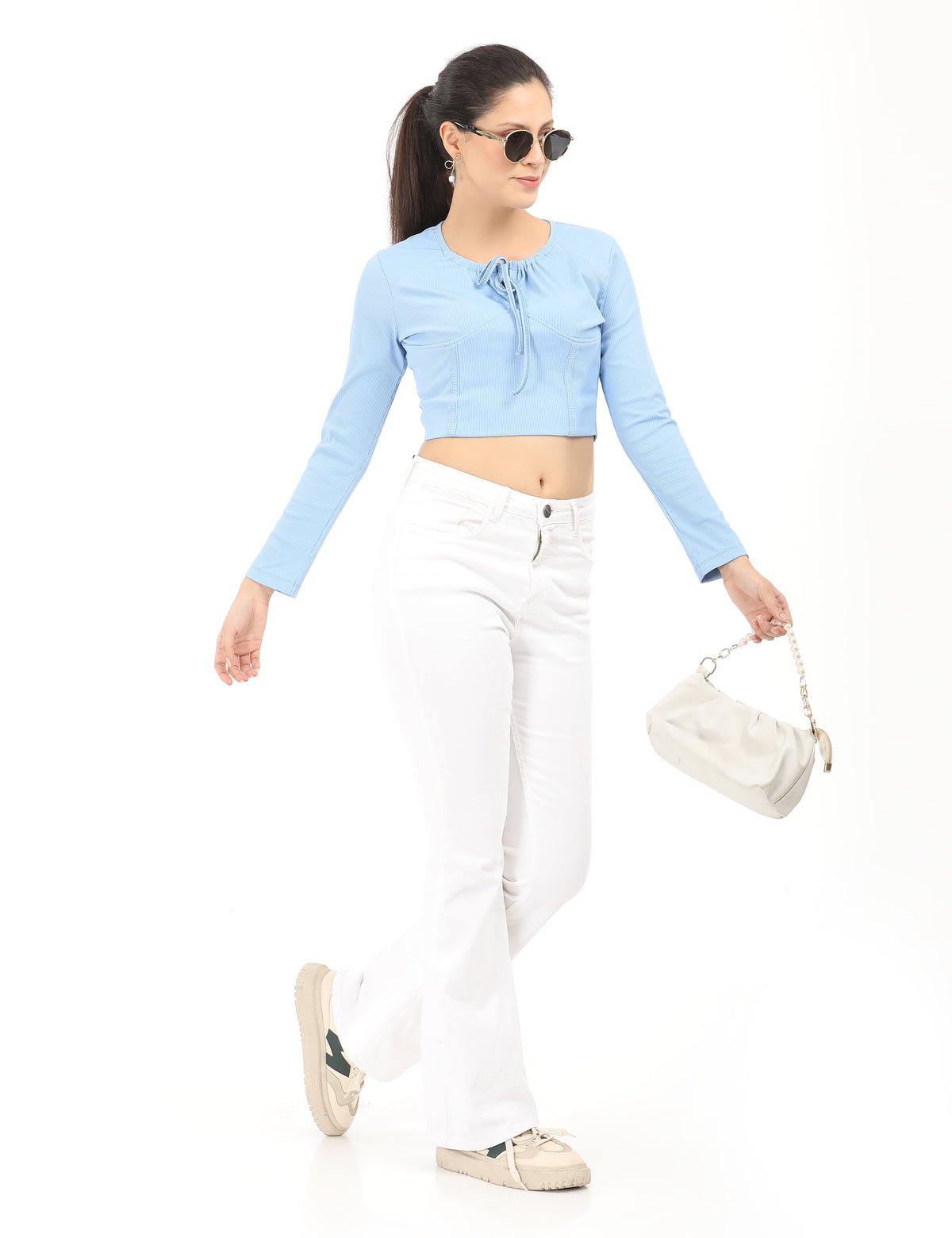 Women’s Casual Long Sleeve Tie-Front Crop Top