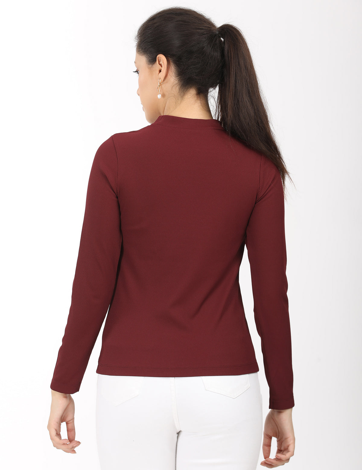 Stylish Mock-Neck Cutout Long-Sleeve Rib-Knit Top