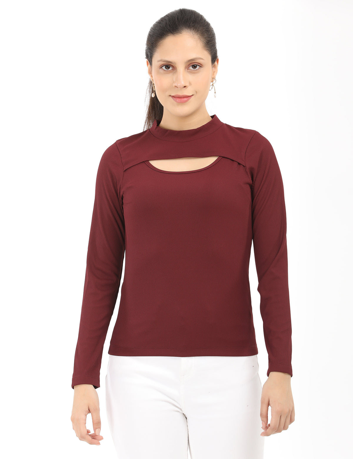 Stylish Mock-Neck Cutout Long-Sleeve Rib-Knit Top