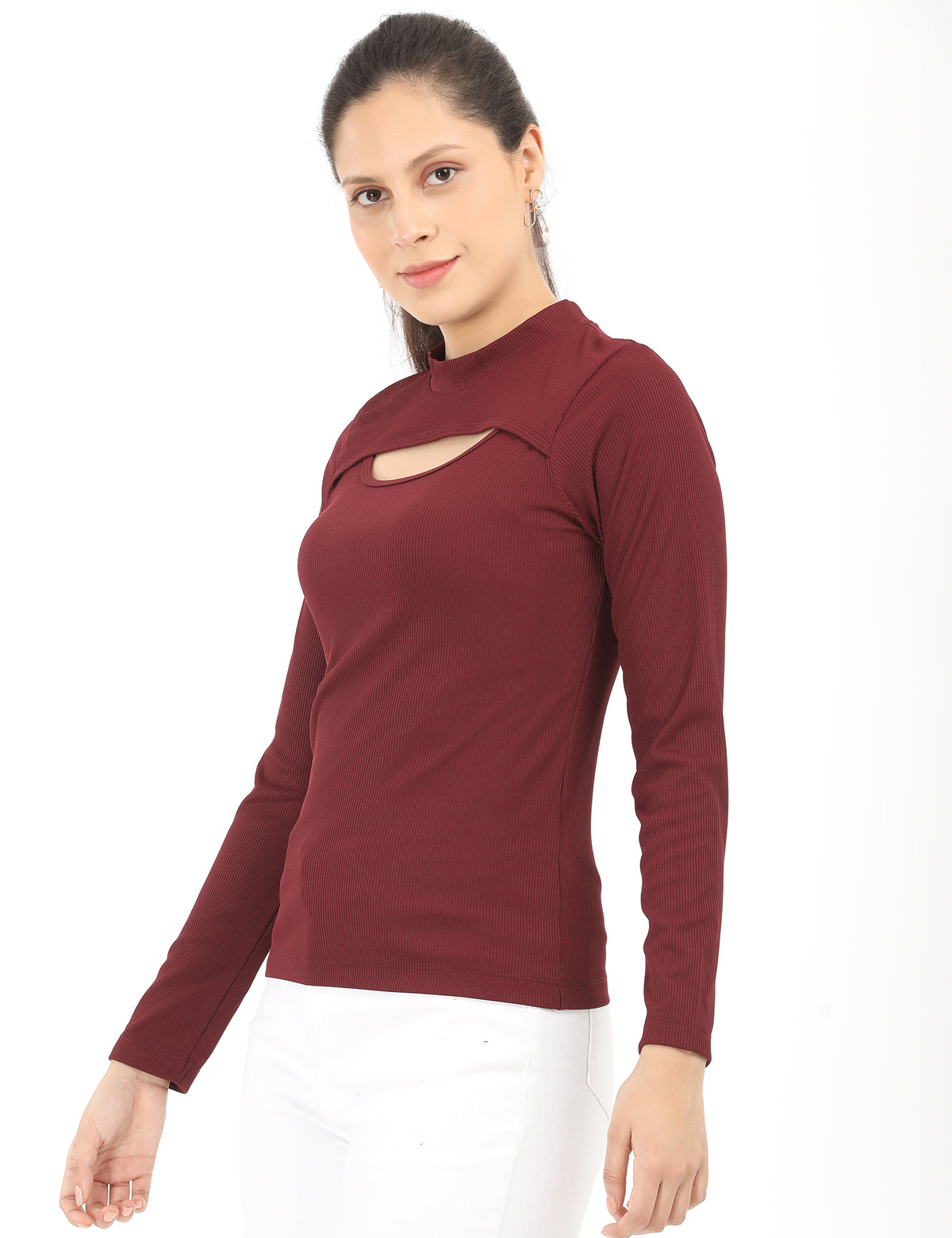 Stylish Mock-Neck Cutout Long-Sleeve Rib-Knit Top