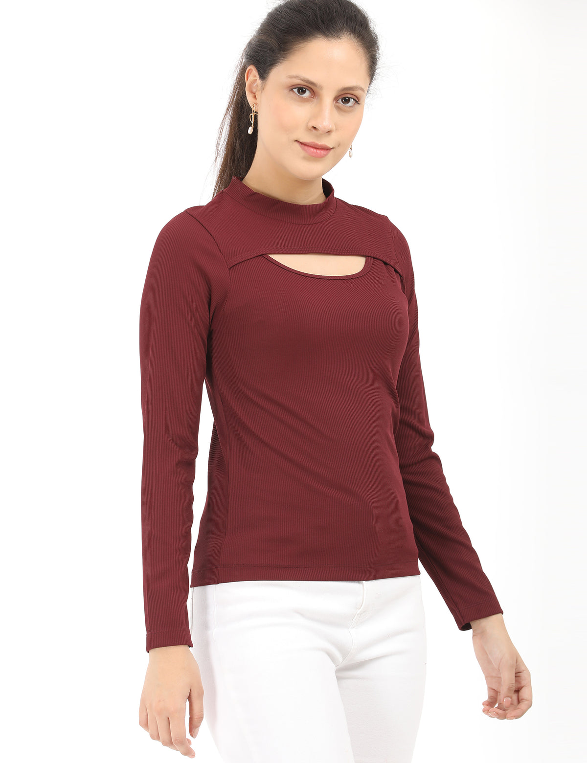 Stylish Mock-Neck Cutout Long-Sleeve Rib-Knit Top