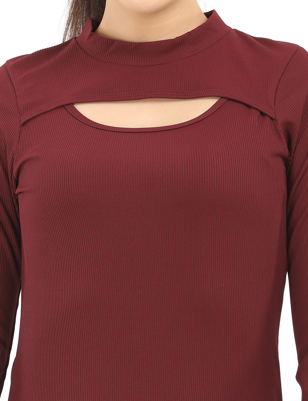 Stylish Mock-Neck Cutout Long-Sleeve Rib-Knit Top