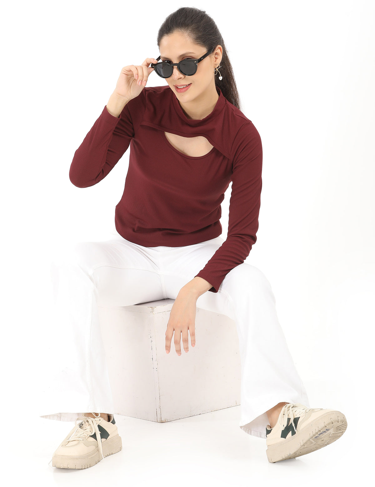 Stylish Mock-Neck Cutout Long-Sleeve Rib-Knit Top