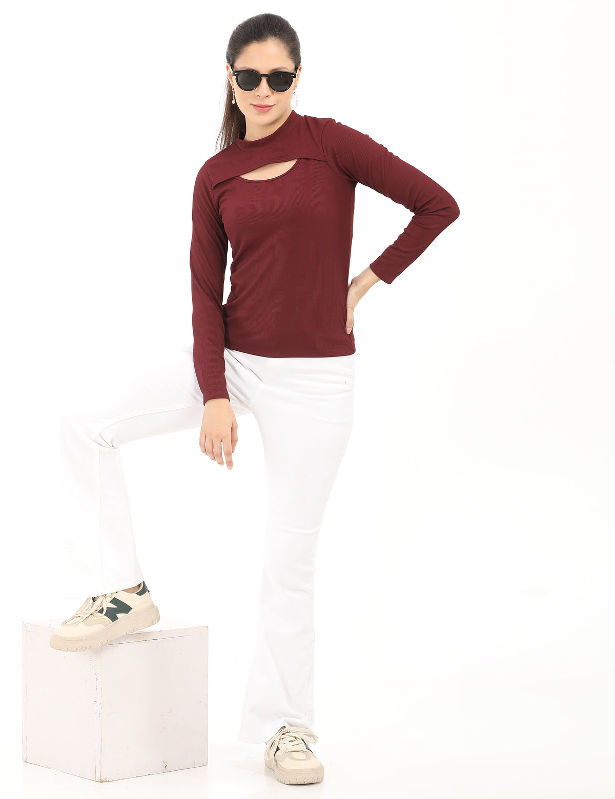 Stylish Mock-Neck Cutout Long-Sleeve Rib-Knit Top