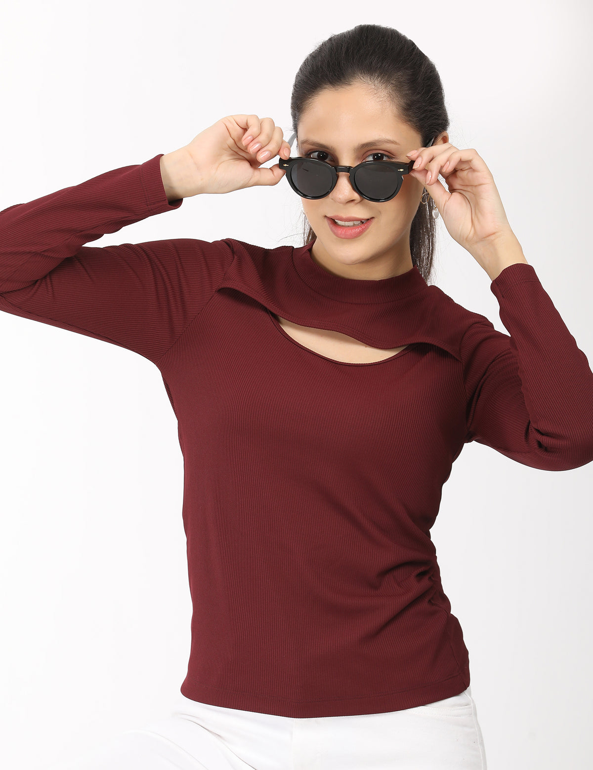 Stylish Mock-Neck Cutout Long-Sleeve Rib-Knit Top