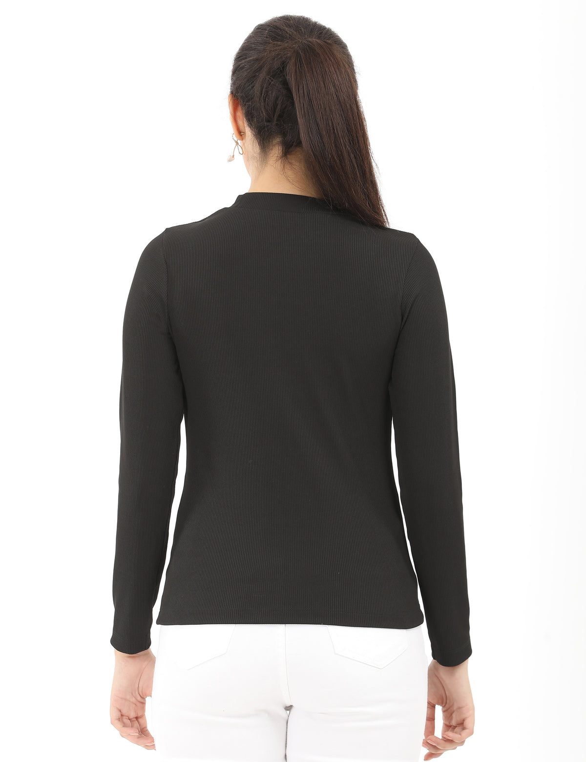 Stylish Mock-Neck Cutout Long-Sleeve Rib-Knit Top