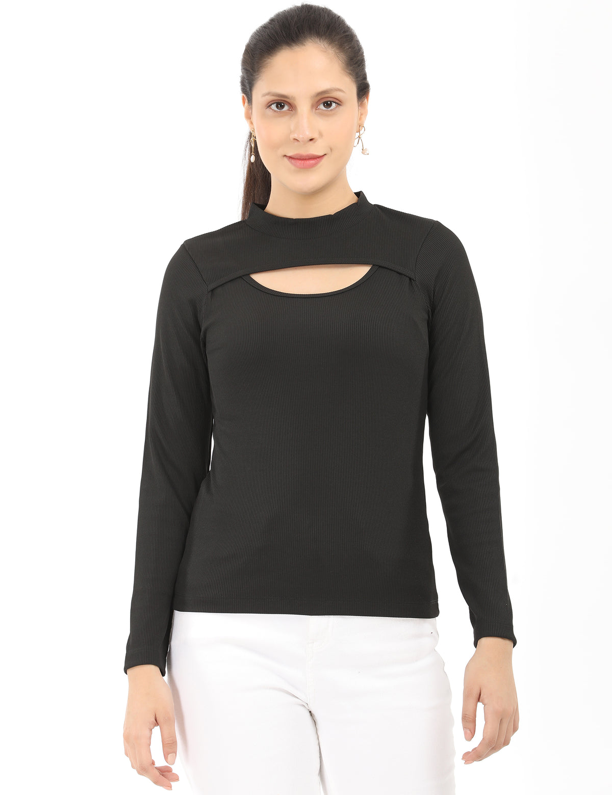 Stylish Mock-Neck Cutout Long-Sleeve Rib-Knit Top