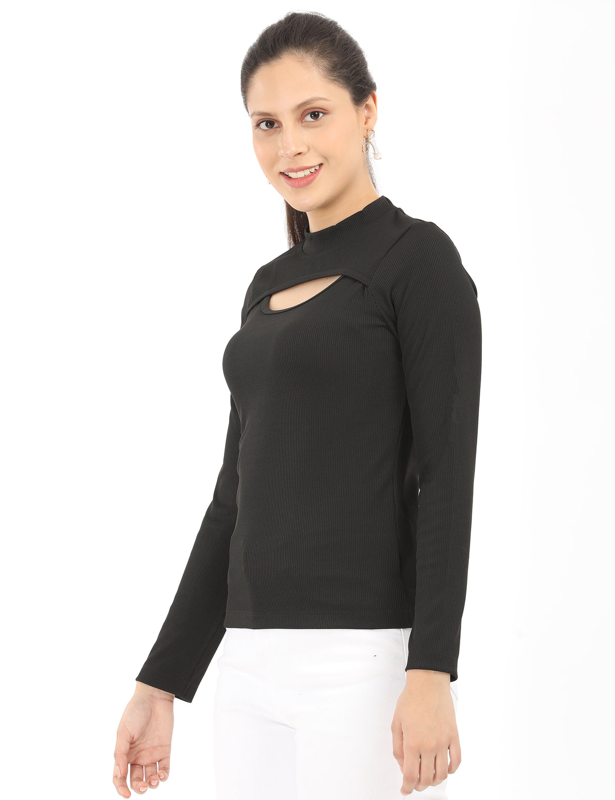 Stylish Mock-Neck Cutout Long-Sleeve Rib-Knit Top