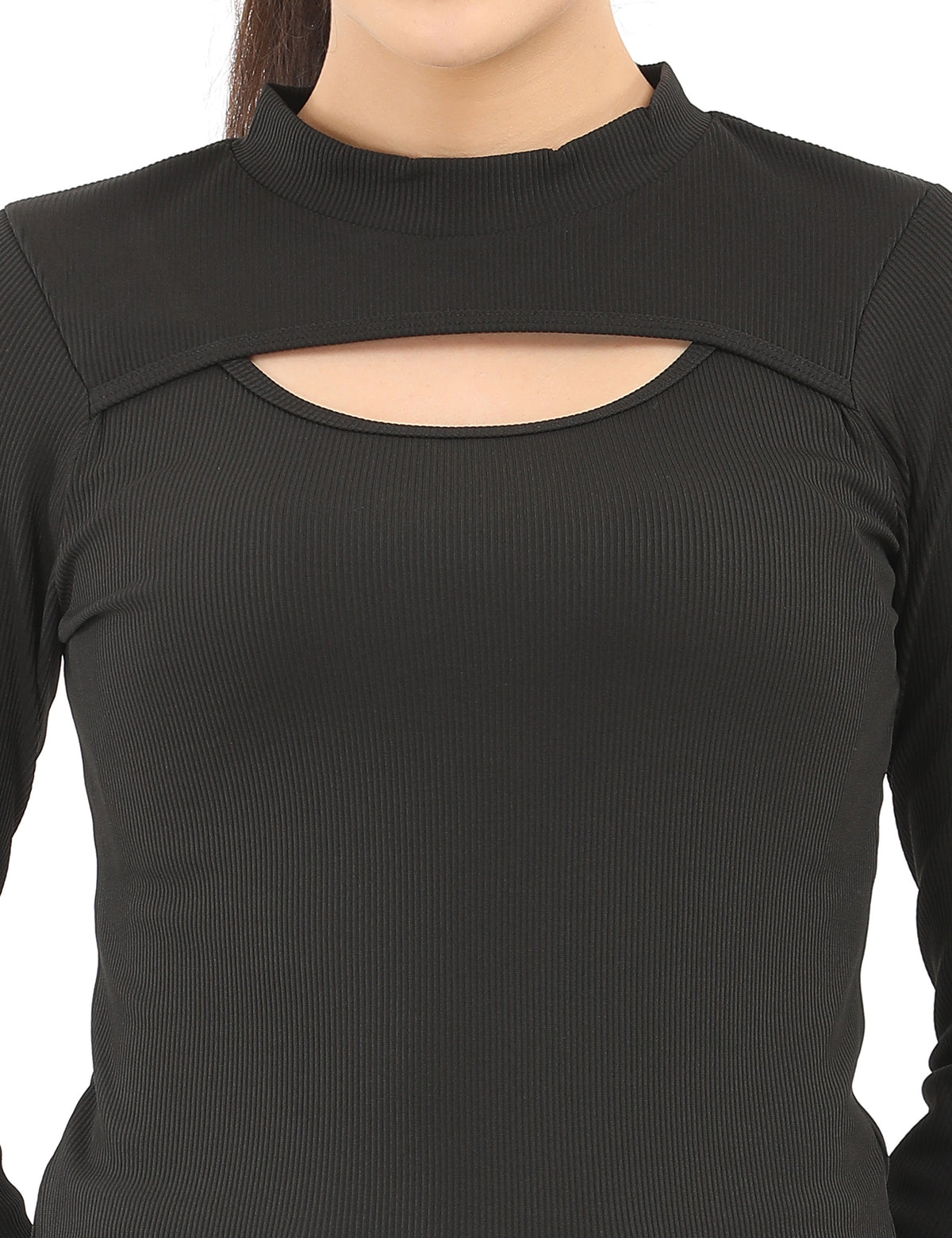 Stylish Mock-Neck Cutout Long-Sleeve Rib-Knit Top