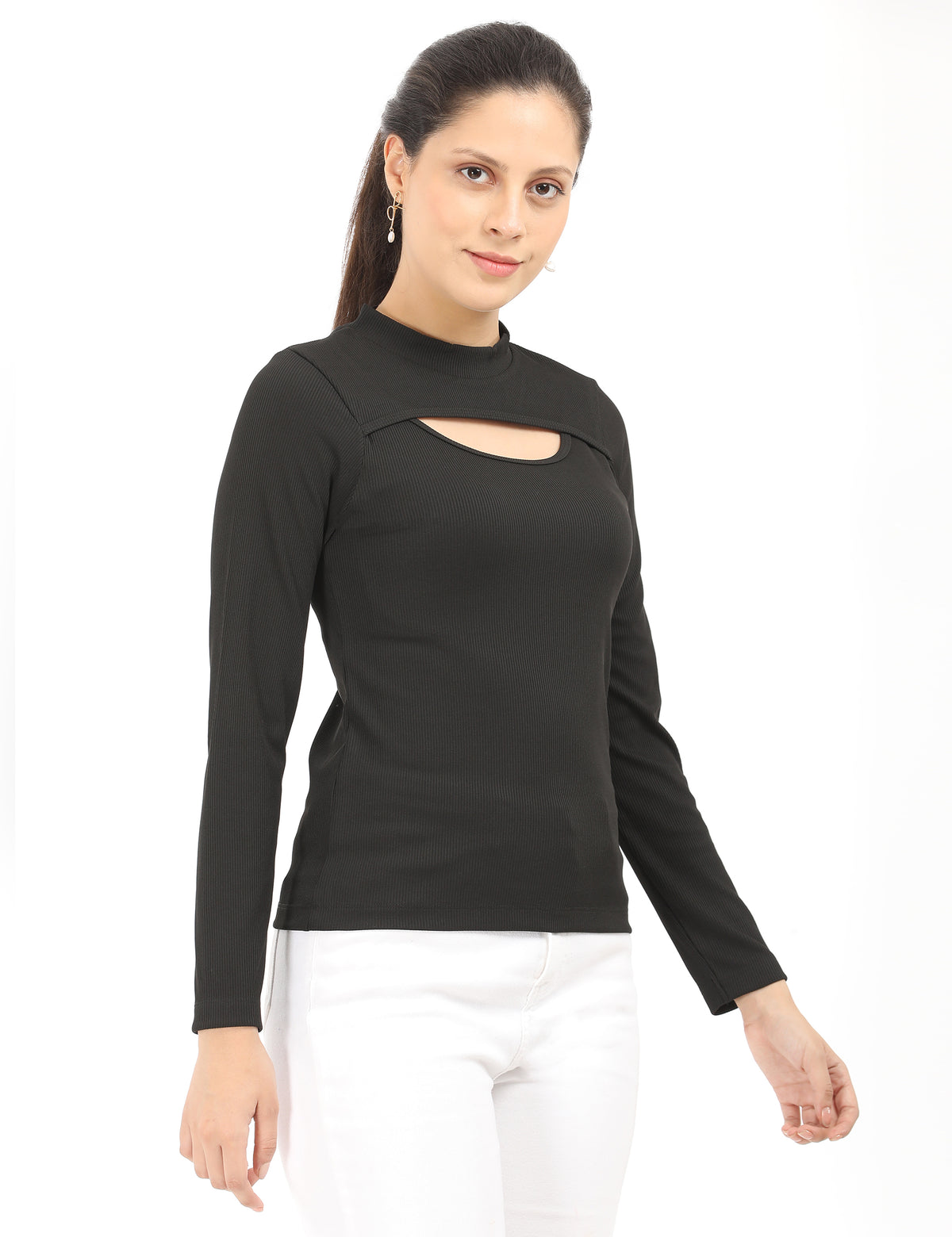 Stylish Mock-Neck Cutout Long-Sleeve Rib-Knit Top