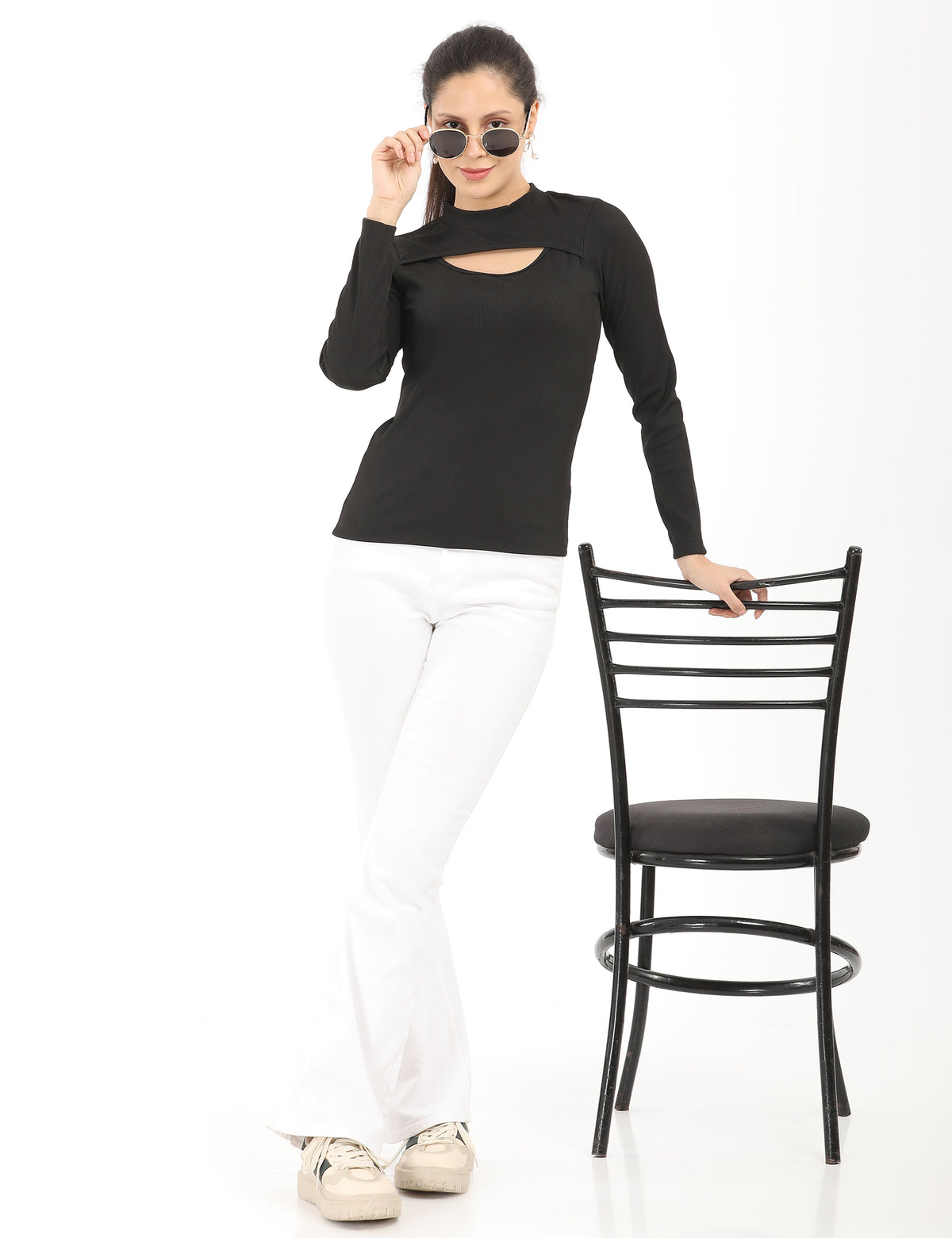 Stylish Mock-Neck Cutout Long-Sleeve Rib-Knit Top