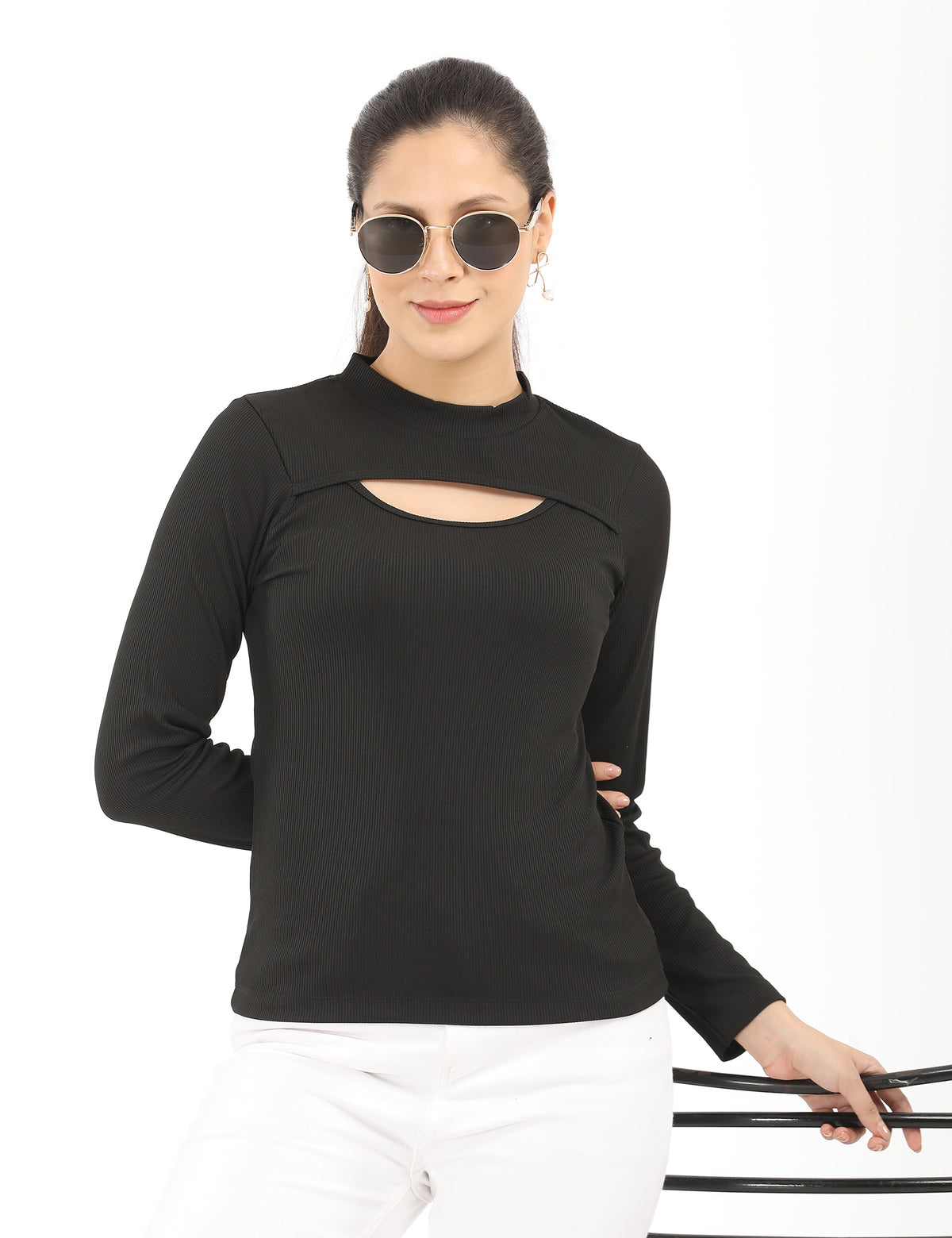 Stylish Mock-Neck Cutout Long-Sleeve Rib-Knit Top