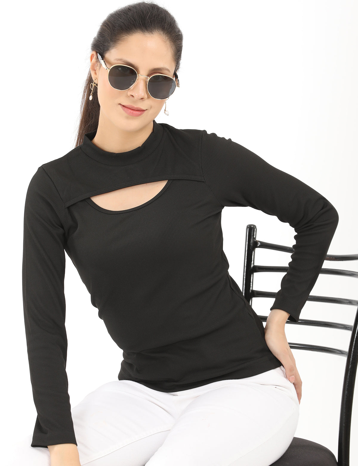 Stylish Mock-Neck Cutout Long-Sleeve Rib-Knit Top