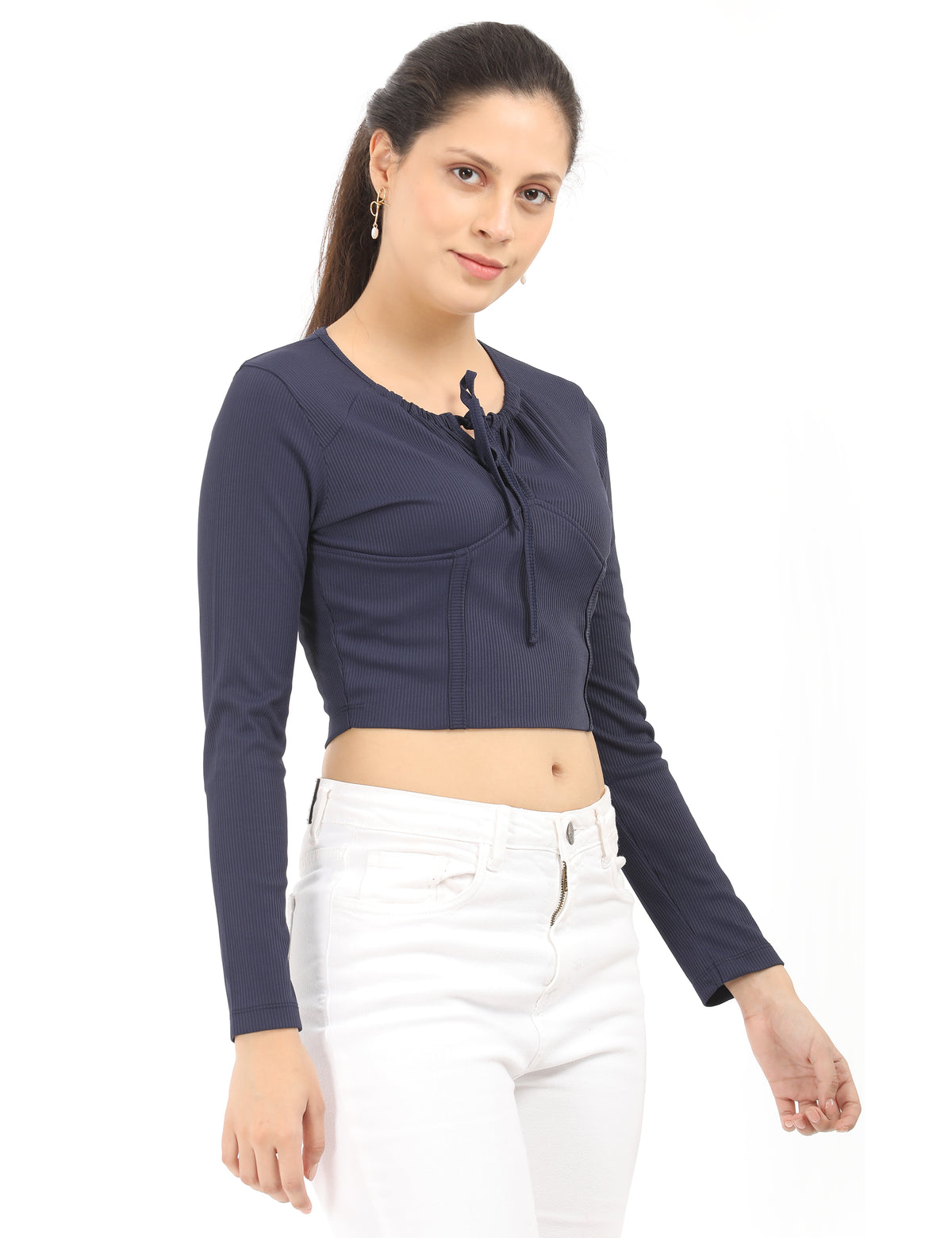 Women’s Casual Long Sleeve Tie-Front Crop Top
