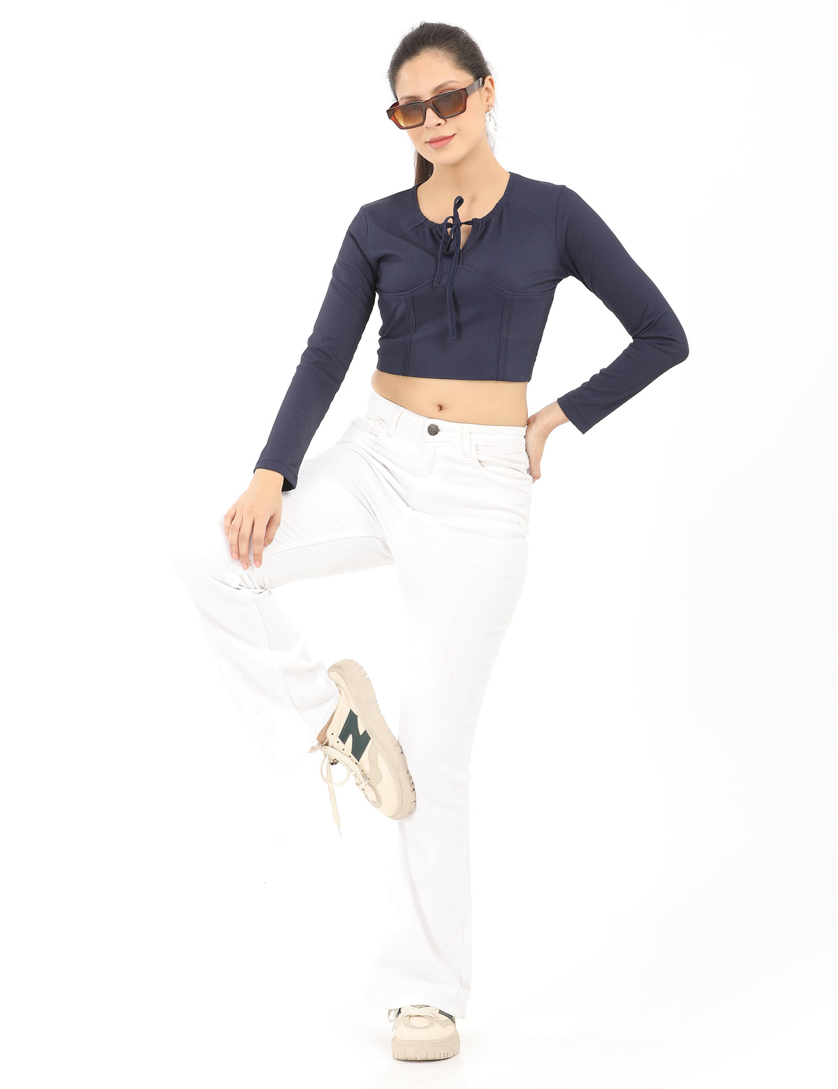 Women’s Casual Long Sleeve Tie-Front Crop Top