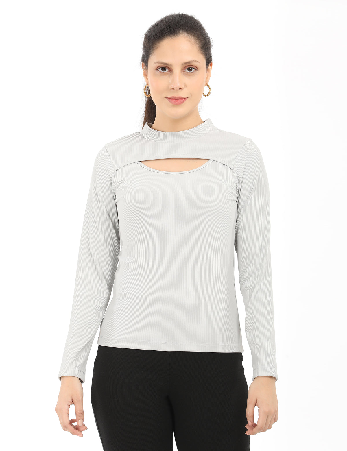 Stylish Mock-Neck Cutout Long-Sleeve Rib-Knit Top