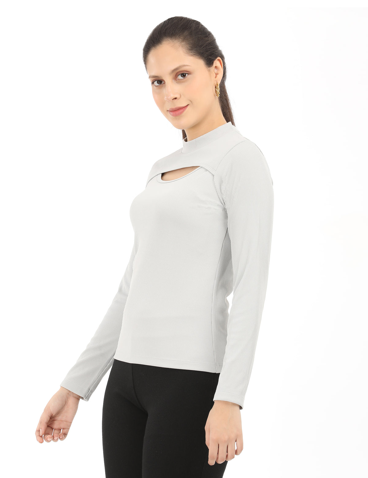 Stylish Mock-Neck Cutout Long-Sleeve Rib-Knit Top