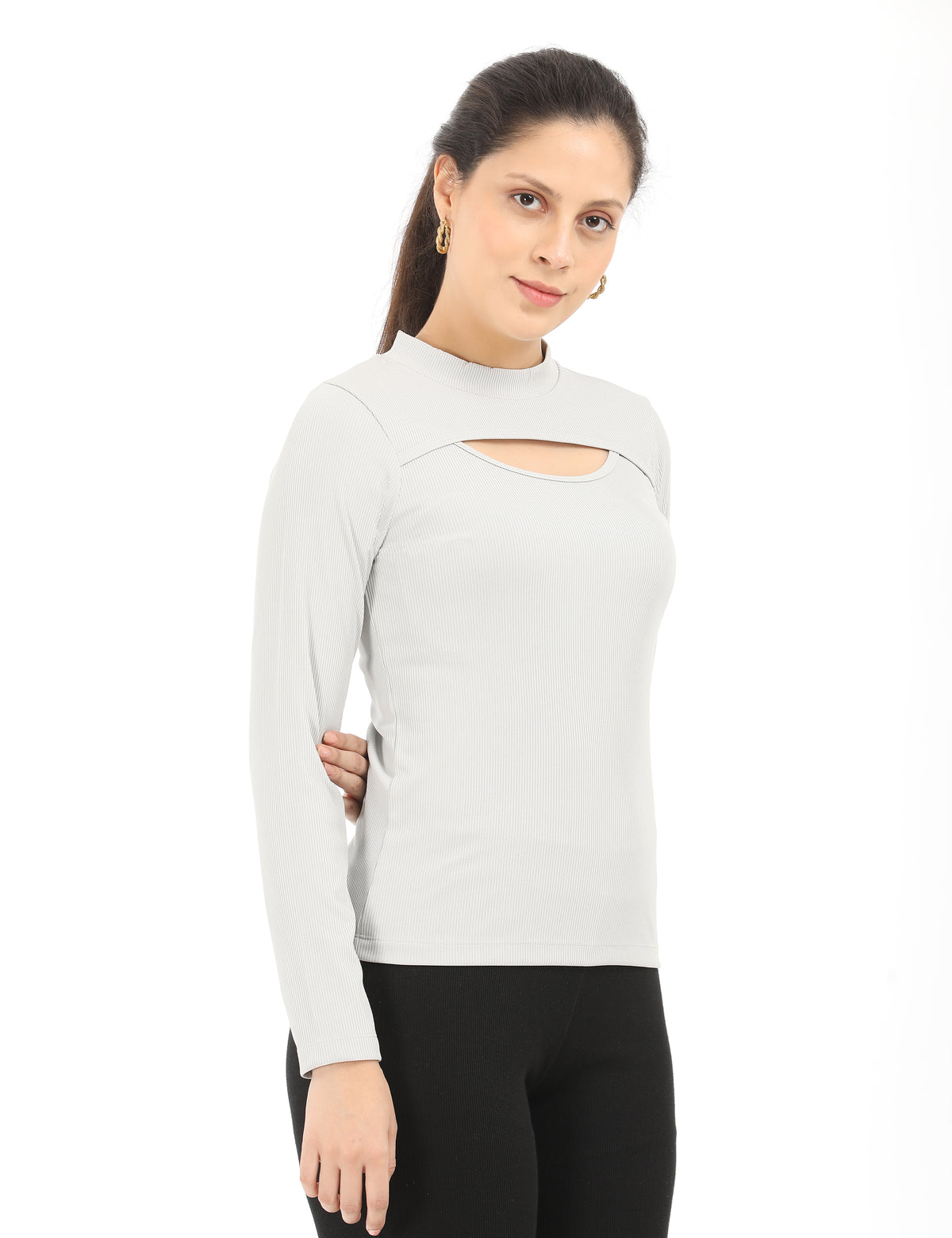 Stylish Mock-Neck Cutout Long-Sleeve Rib-Knit Top