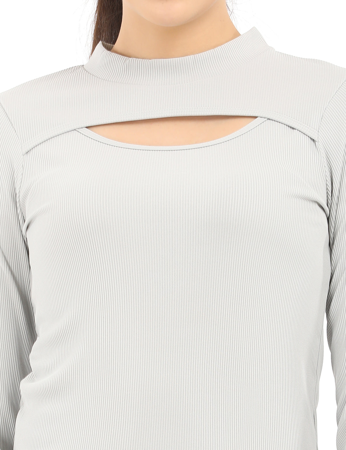 Stylish Mock-Neck Cutout Long-Sleeve Rib-Knit Top