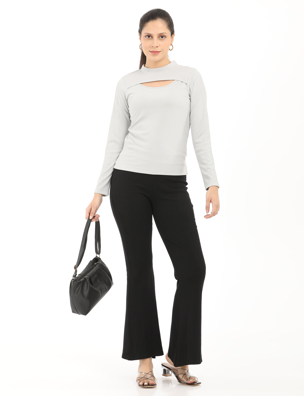 Stylish Mock-Neck Cutout Long-Sleeve Rib-Knit Top