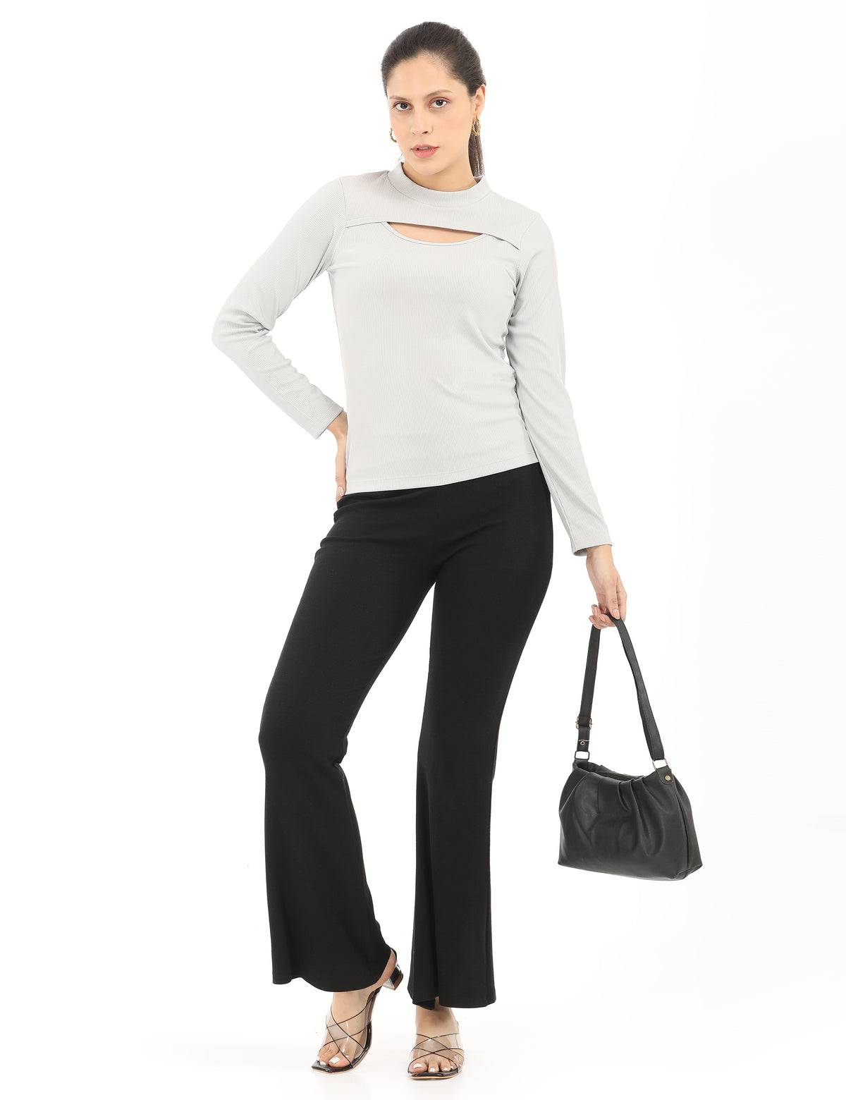 Stylish Mock-Neck Cutout Long-Sleeve Rib-Knit Top