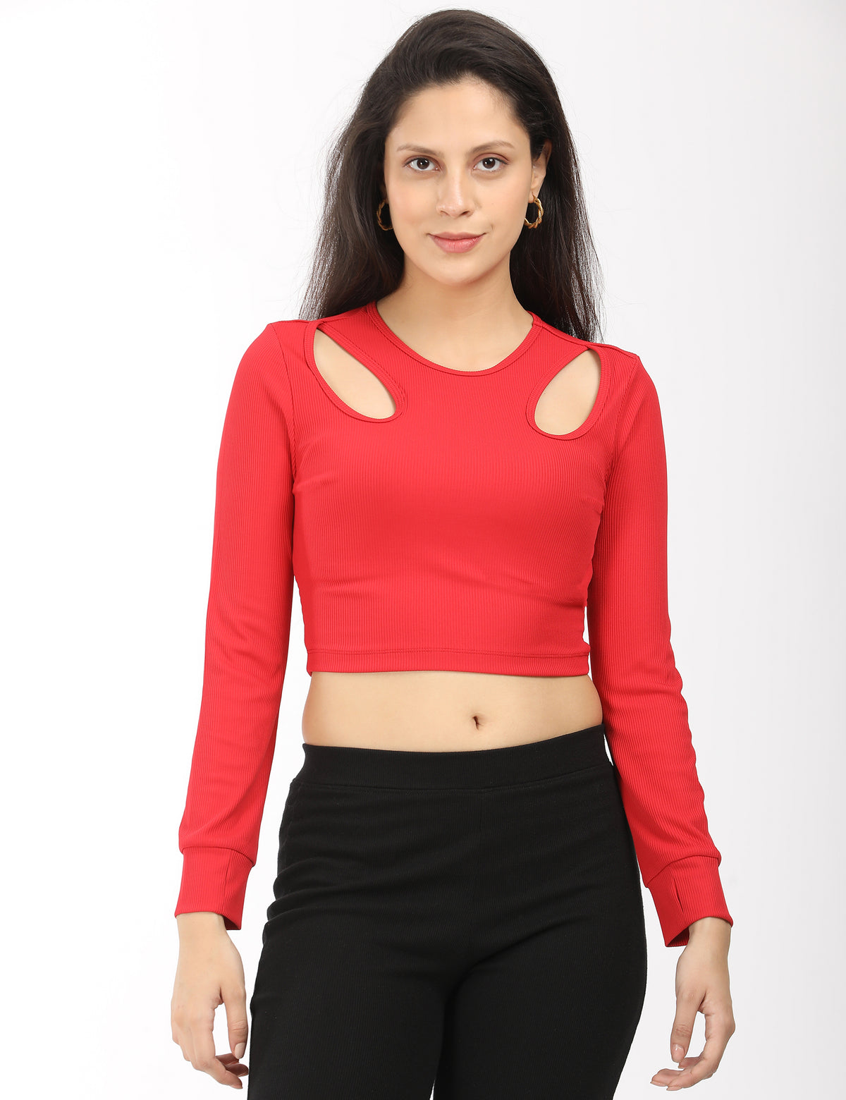 Women's Fitted Crewneck Double Keyhole Cut-Out Long-Sleeve Top