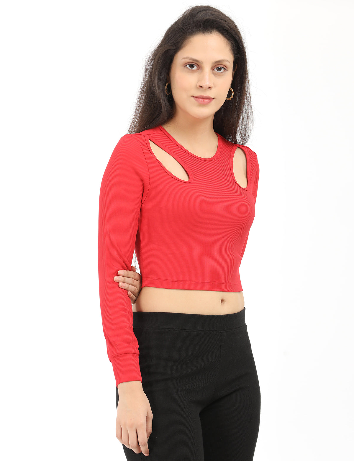 Women's Fitted Crewneck Double Keyhole Cut-Out Long-Sleeve Top