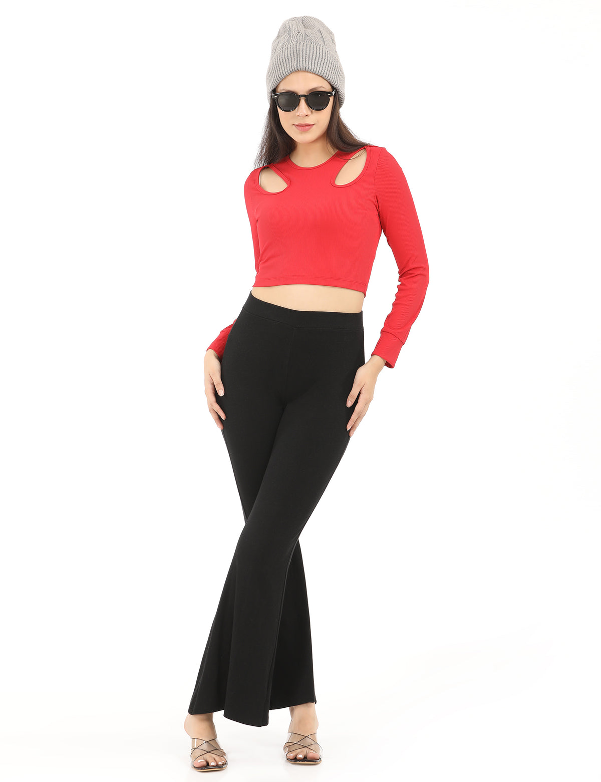 Women's Fitted Crewneck Double Keyhole Cut-Out Long-Sleeve Top