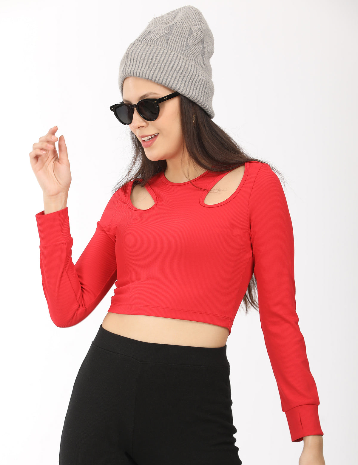 Women's Fitted Crewneck Double Keyhole Cut-Out Long-Sleeve Top