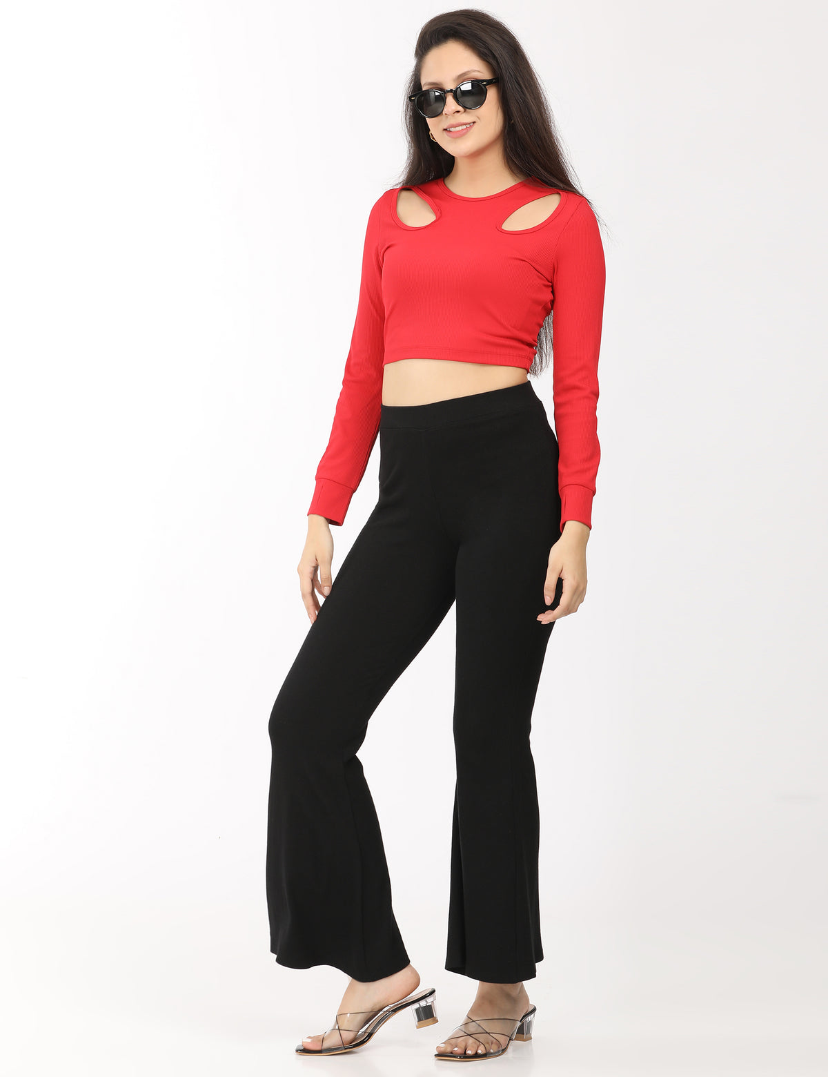 Women's Fitted Crewneck Double Keyhole Cut-Out Long-Sleeve Top
