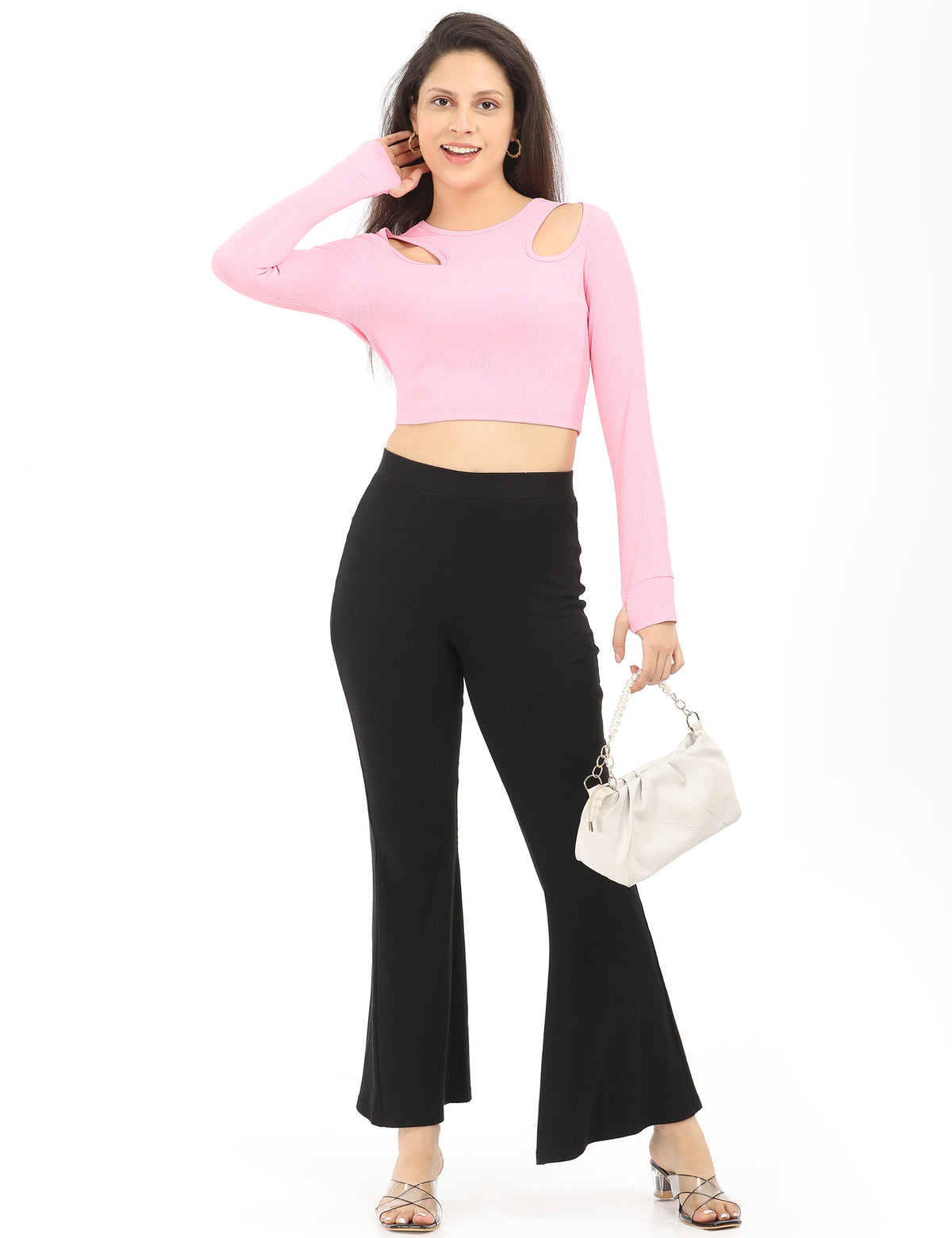 Women's Fitted Crewneck Double Keyhole Cut-Out Long-Sleeve Top