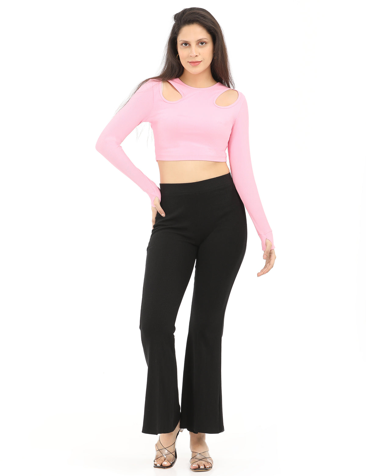 Women's Fitted Crewneck Double Keyhole Cut-Out Long-Sleeve Top