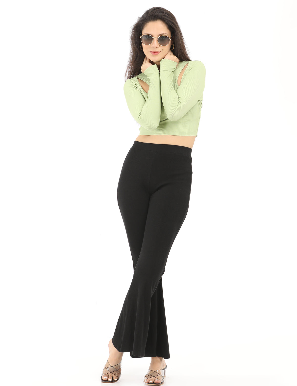 Women's Fitted Crewneck Double Keyhole Cut-Out Long-Sleeve Top