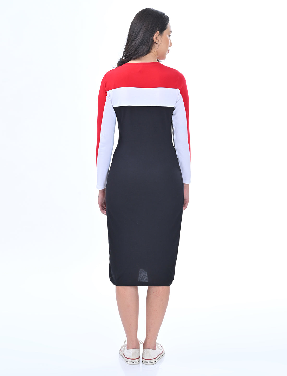 Women’s Tri-Colour Color-Block Long-Sleeve Midi Dress