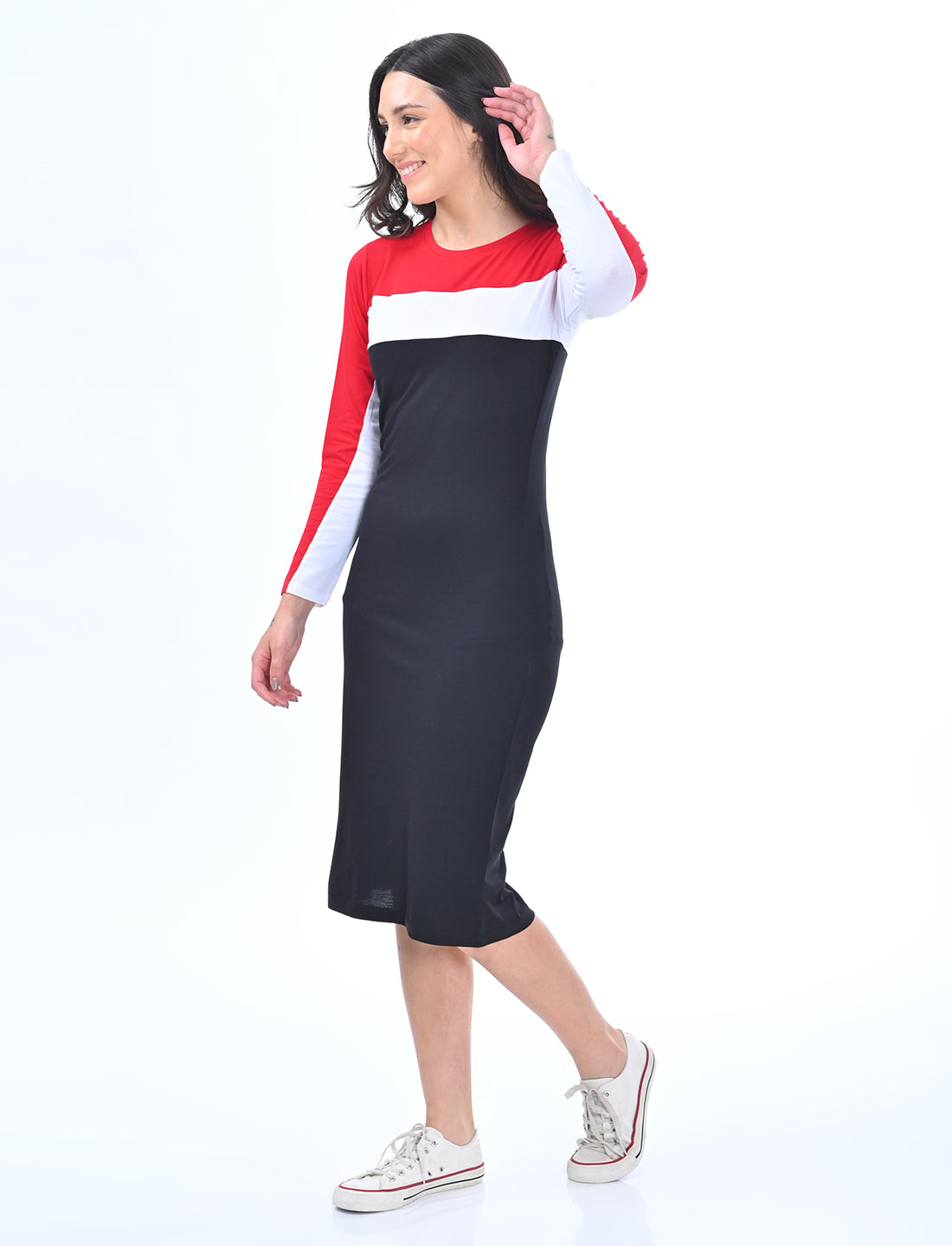 Women’s Tri-Colour Color-Block Long-Sleeve Midi Dress