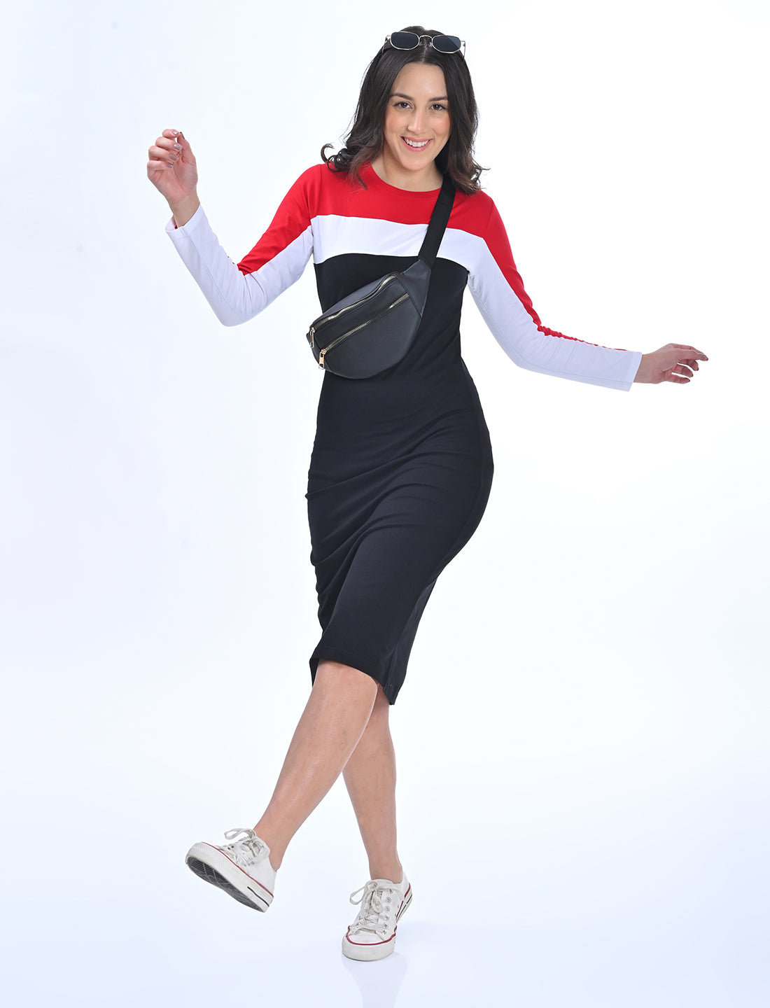 Women’s Tri-Colour Color-Block Long-Sleeve Midi Dress