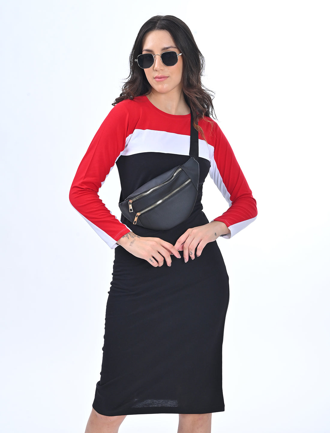 Women’s Tri-Colour Color-Block Long-Sleeve Midi Dress