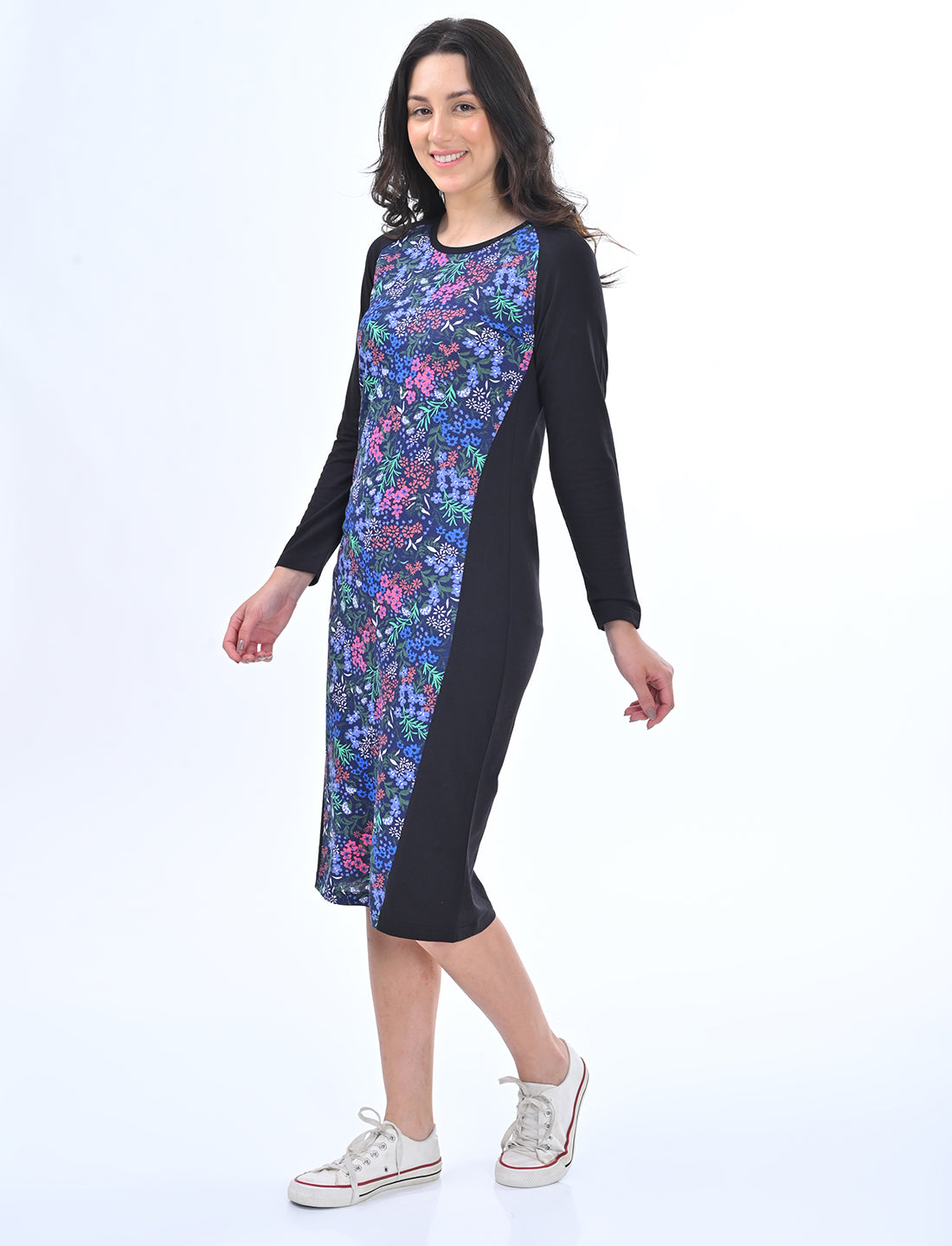 Women's Long Sleeve Floral Print Colorblock Bodycon Midi Dress