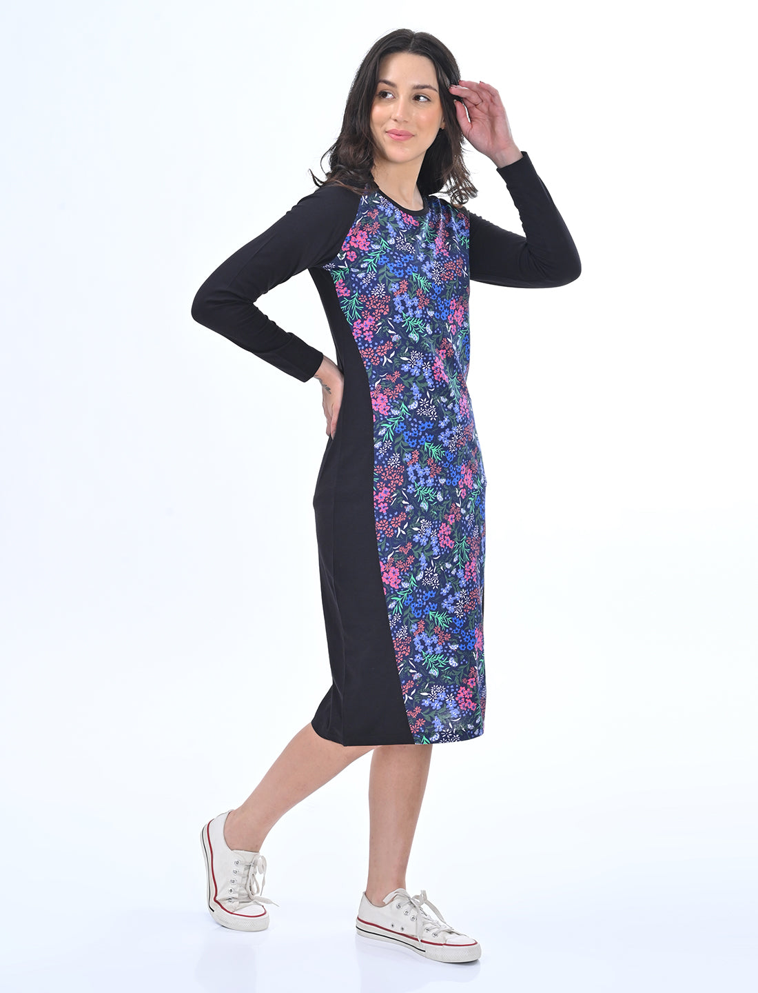 Women's Long Sleeve Floral Print Colorblock Bodycon Midi Dress