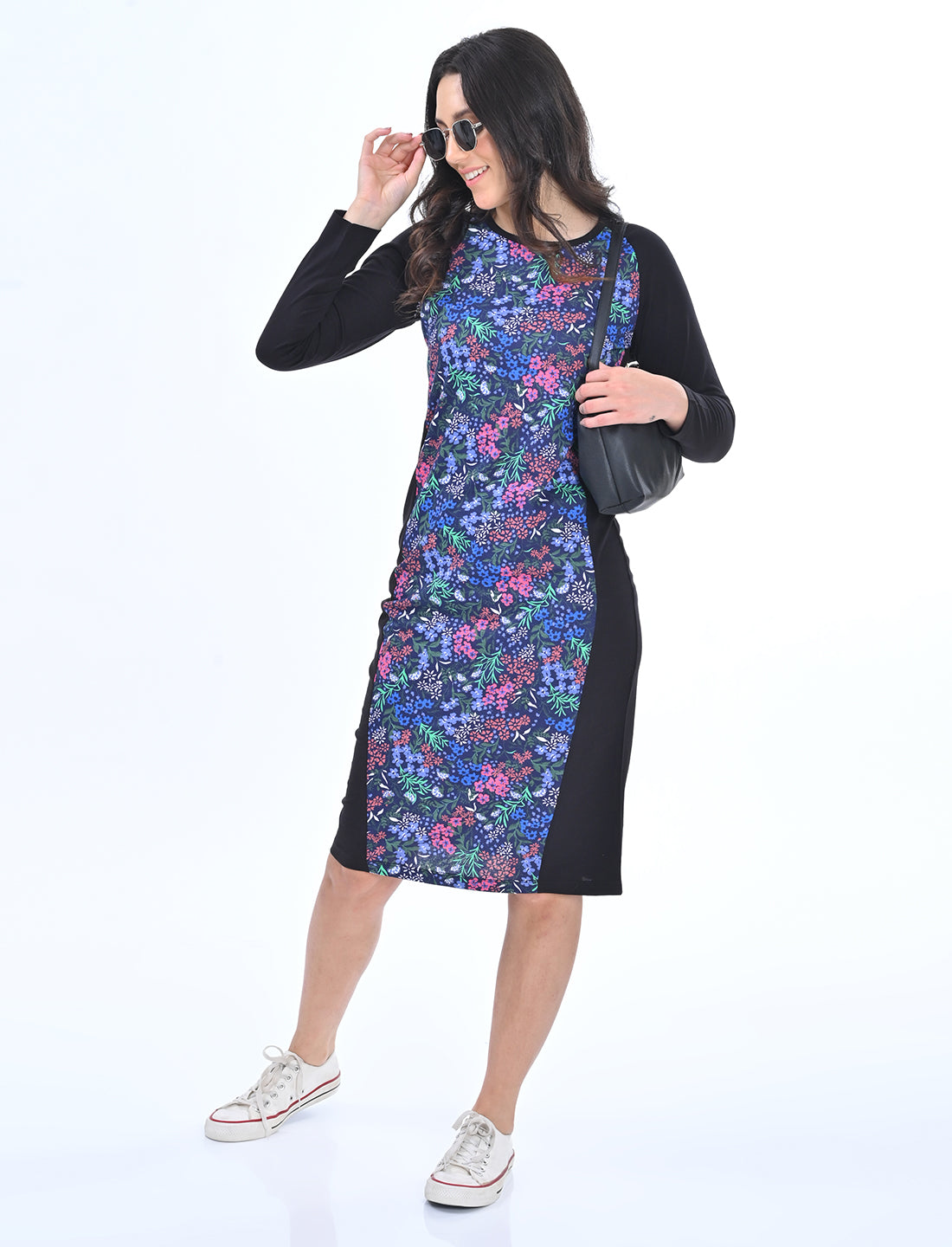 Women's Long Sleeve Floral Print Colorblock Bodycon Midi Dress