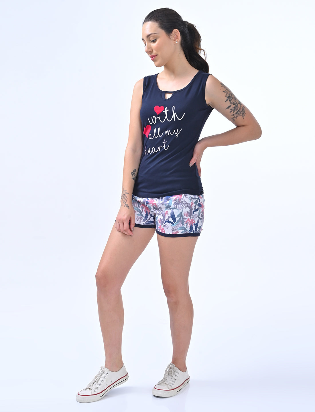Women’s Navy Heart Print Top & Floral Shorts Co-ord Set
