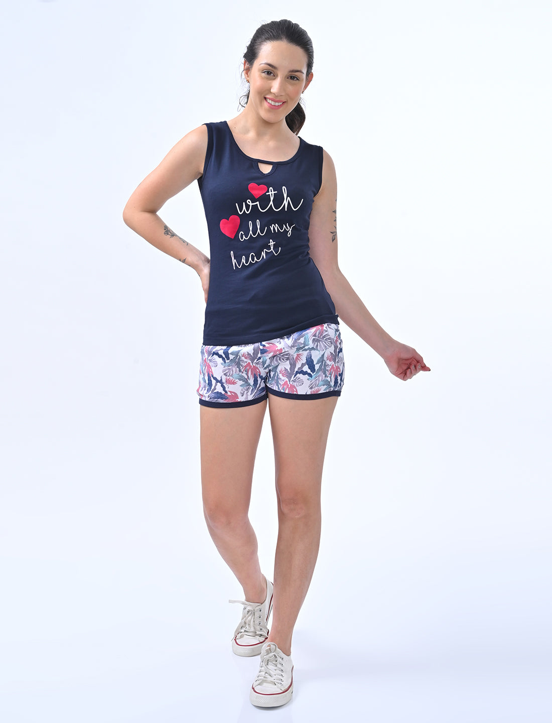 Women’s Navy Heart Print Top & Floral Shorts Co-ord Set