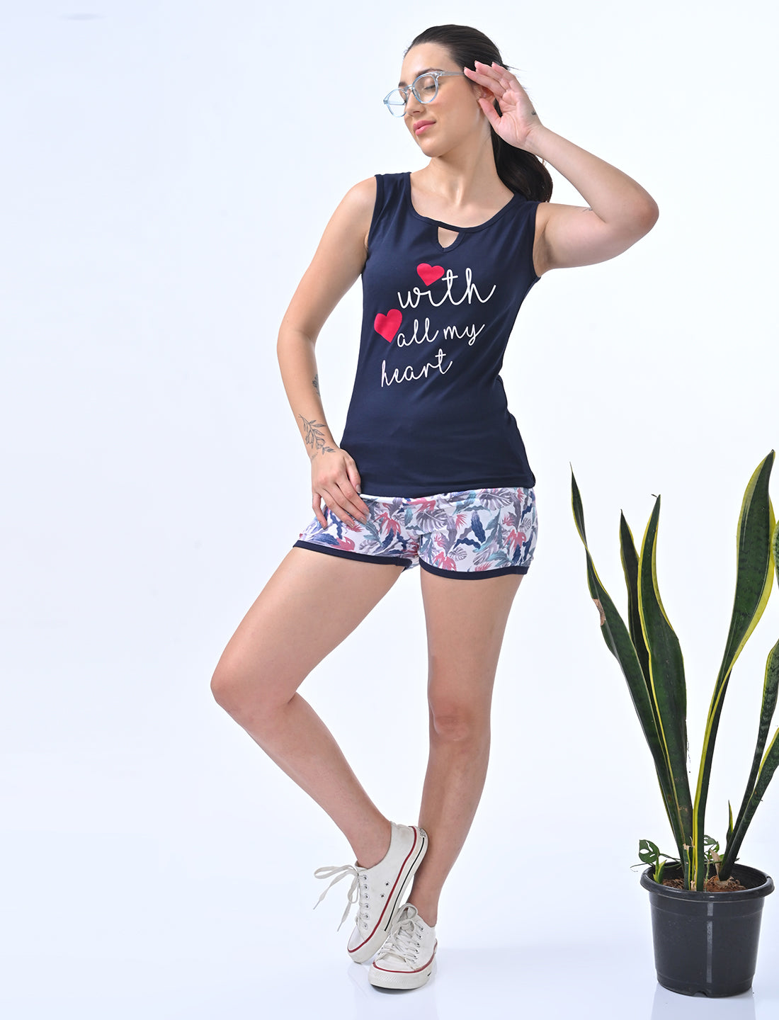 Women’s Navy Heart Print Top & Floral Shorts Co-ord Set