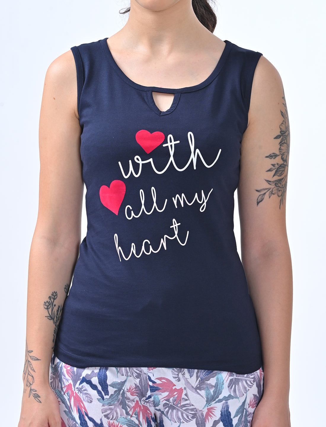 Women’s Navy Heart Print Top & Floral Shorts Co-ord Set