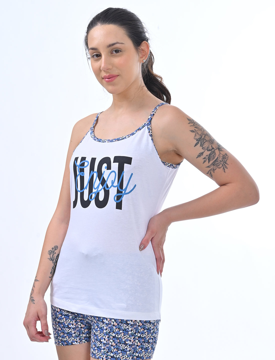 Women’s White Camisole & Blue Floral Shorts Sleepwear Set