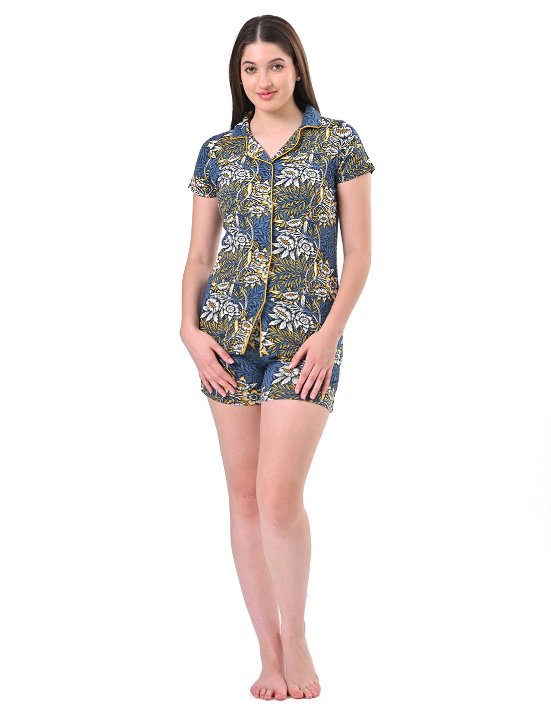 Women's Short-Sleeve Printed Button-Up Top & Shorts Sleepwear Set