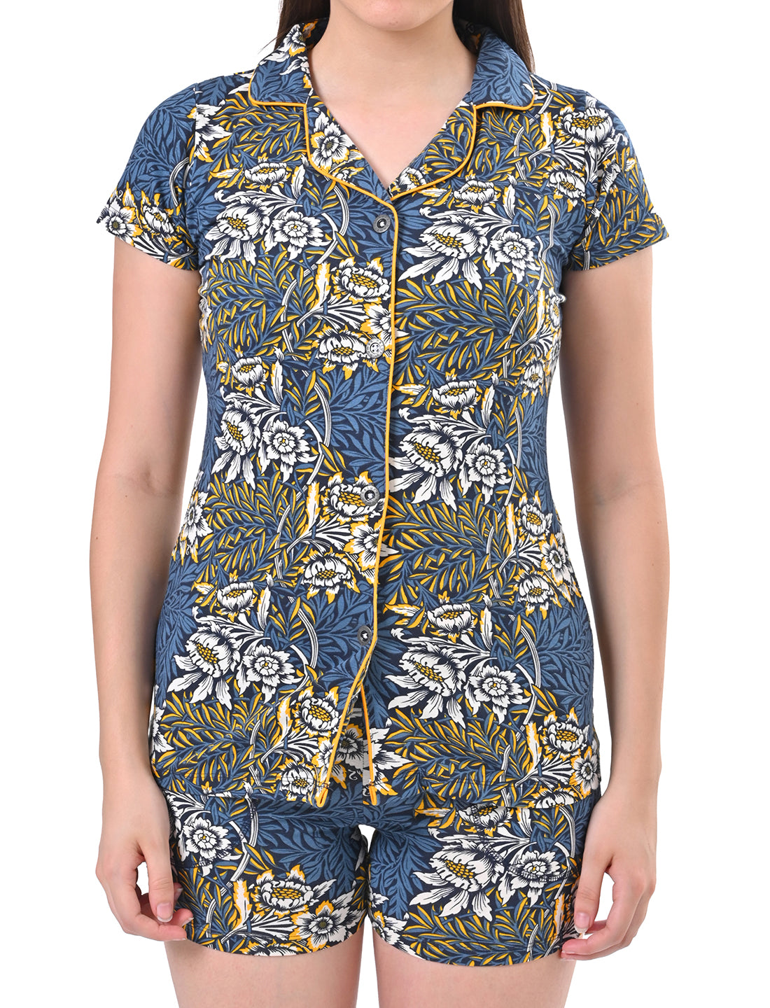 Women's Short-Sleeve Printed Button-Up Top & Shorts Sleepwear Set