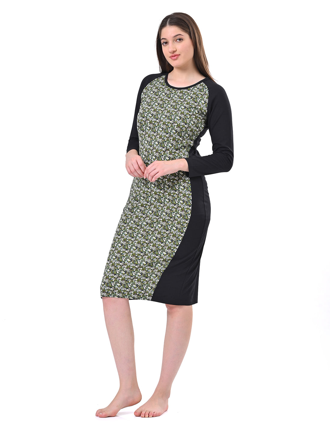 Women's Long Sleeve Floral Print Colorblock Bodycon Midi Dress